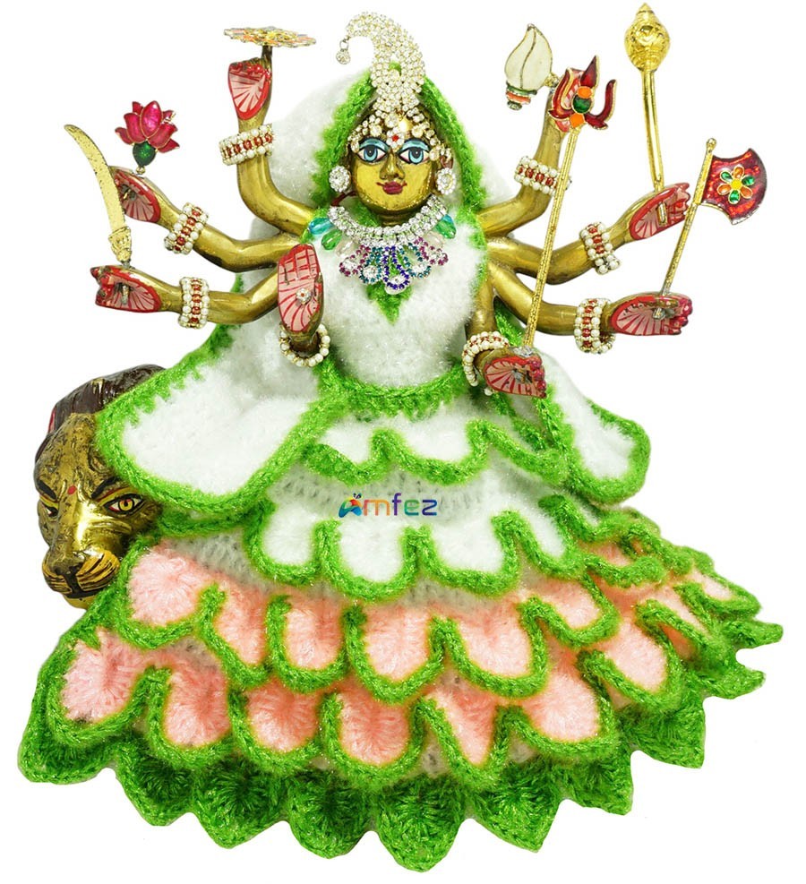 Durga ji White & Green Hand Work Woolen Dress